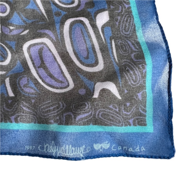 Vintage Jocelyne Wauge Scarf Pacific Northwest Canadian Indigenous Blue Bird 90s - Picture 3 of 4